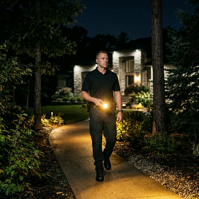 Vigilante patrullando una finca por la noche